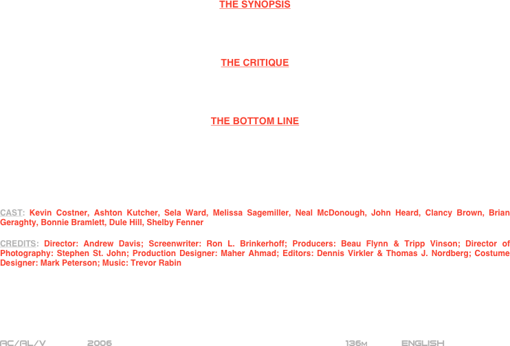 




















THE SYNOPSIS




THE CRITIQUE




THE BOTTOM LINE







CAST: Kevin Costner, Ashton Kutcher, Sela Ward, Melissa Sagemiller, Neal McDonough, John Heard, Clancy Brown, Brian Geraghty, Bonnie Bramlett, Dule Hill, Shelby Fenner

CREDITS: Director: Andrew Davis; Screenwriter: Ron L. Brinkerhoff; Producers: Beau Flynn & Tripp Vinson; Director of Photography: Stephen St. John; Production Designer: Maher Ahmad; Editors: Dennis Virkler & Thomas J. Nordberg; Costume Designer: Mark Peterson; Music: Trevor Rabin






AC/AL/V          2006                                           136m       English       

